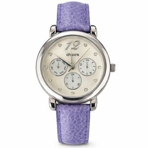 Chicos Multi Dial Watch Purple Leather Band Mother of Pearl Face Silver Tone 626